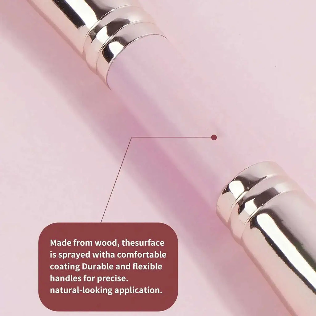 Pink translucent wooden wool fiber makeup brush with silver ferrules for basic makeup applications in 4-piece set
