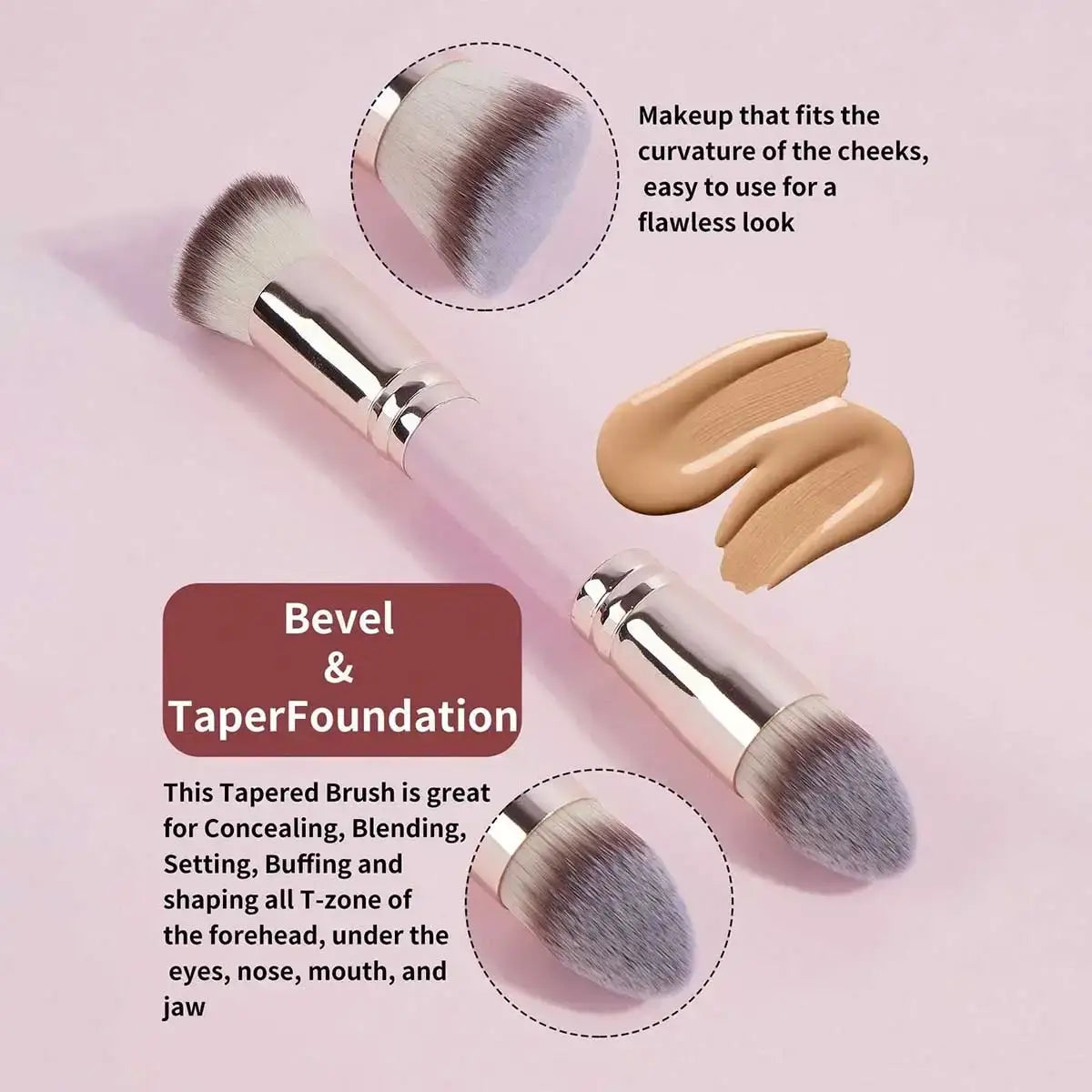 A sleek translucent pink wool fiber foundation brush with a silver handle for precise basic makeup applications