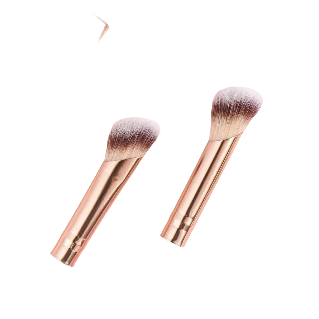 Two blush and contour wool fiber makeup brushes with rose gold ferrules and pale pink handles for basic makeup applications