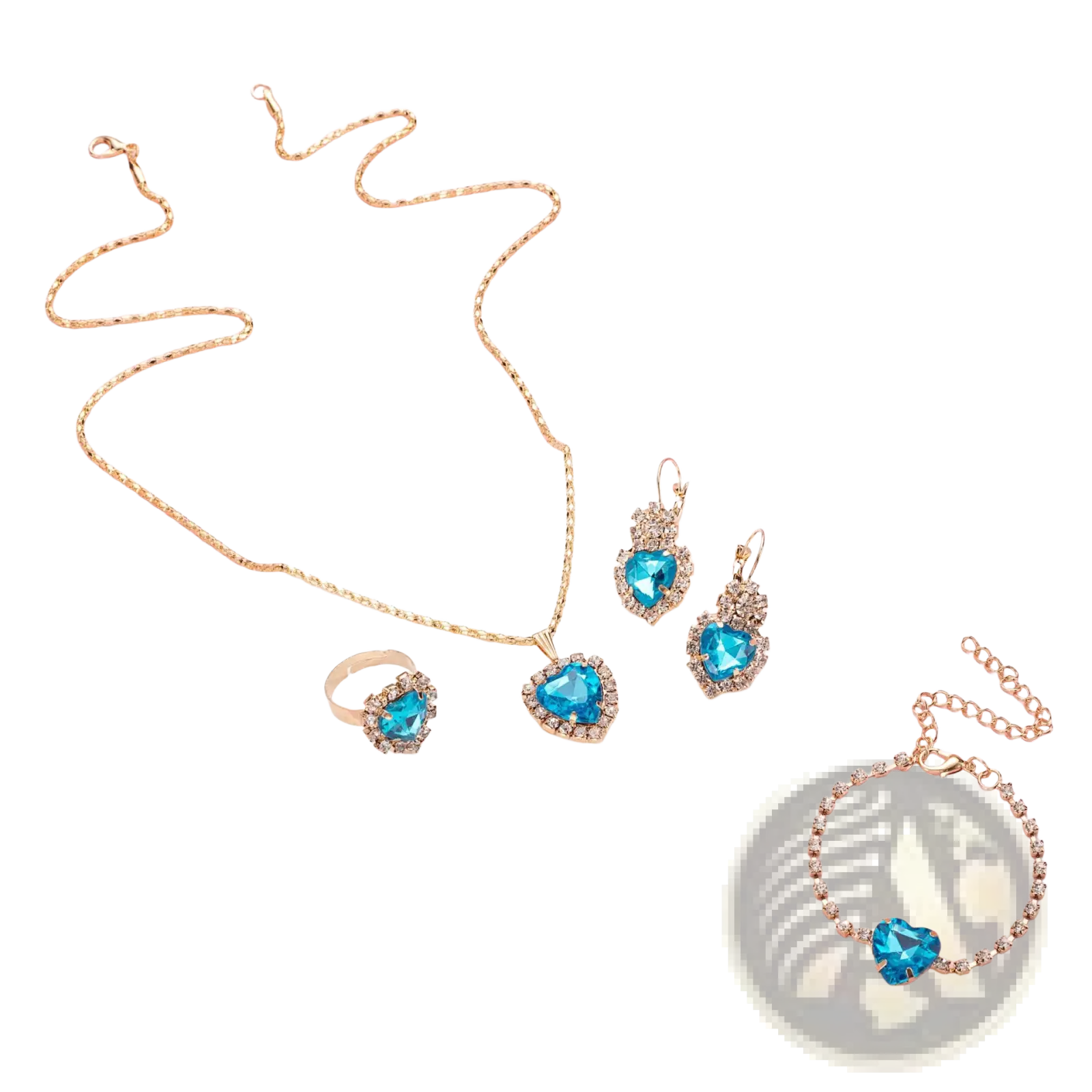 Gold-toned 4 piece heart rhinestone jewelry set with blue heart-shaped gemstones and clear matching crystals