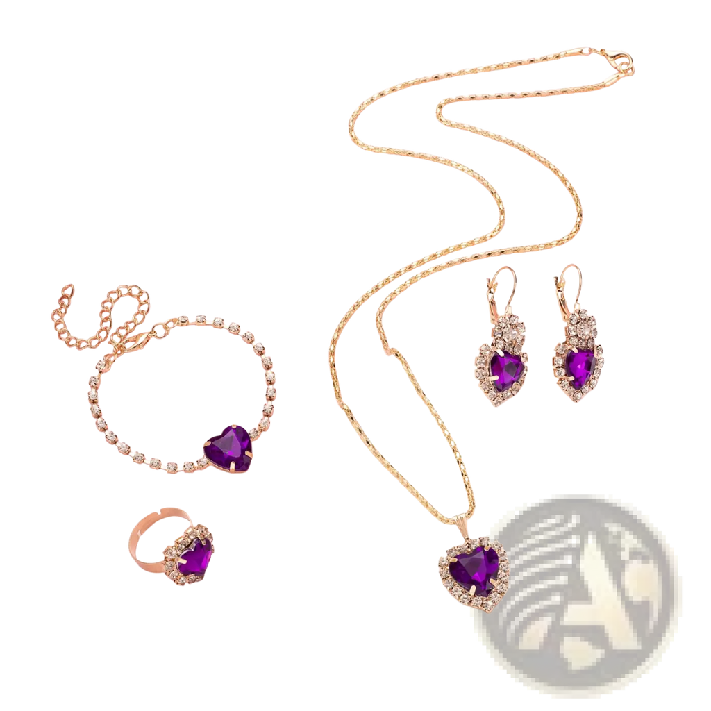Gold heart-shaped pendant necklace with deep purple gemstone and clear crystals in 4 piece heart rhinestone set