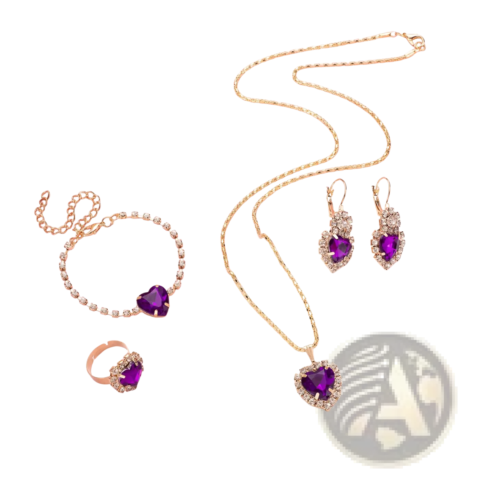 Gold heart-shaped pendant necklace with deep purple gemstone and clear crystals in 4 piece heart rhinestone set