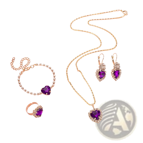 Gold heart-shaped pendant necklace with deep purple gemstone and clear crystals in 4 piece heart rhinestone set