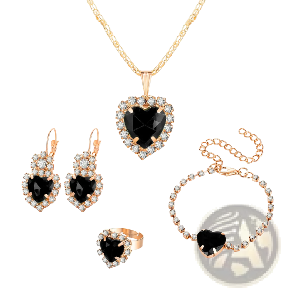 Rose gold heart-shaped black gemstone rhinestone jewelry set featuring four matching crystal pieces for elegant wear