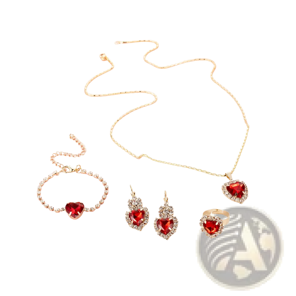 Gold-toned 4 piece heart rhinestone jewelry set with vibrant red gemstones and matching sparkling crystals