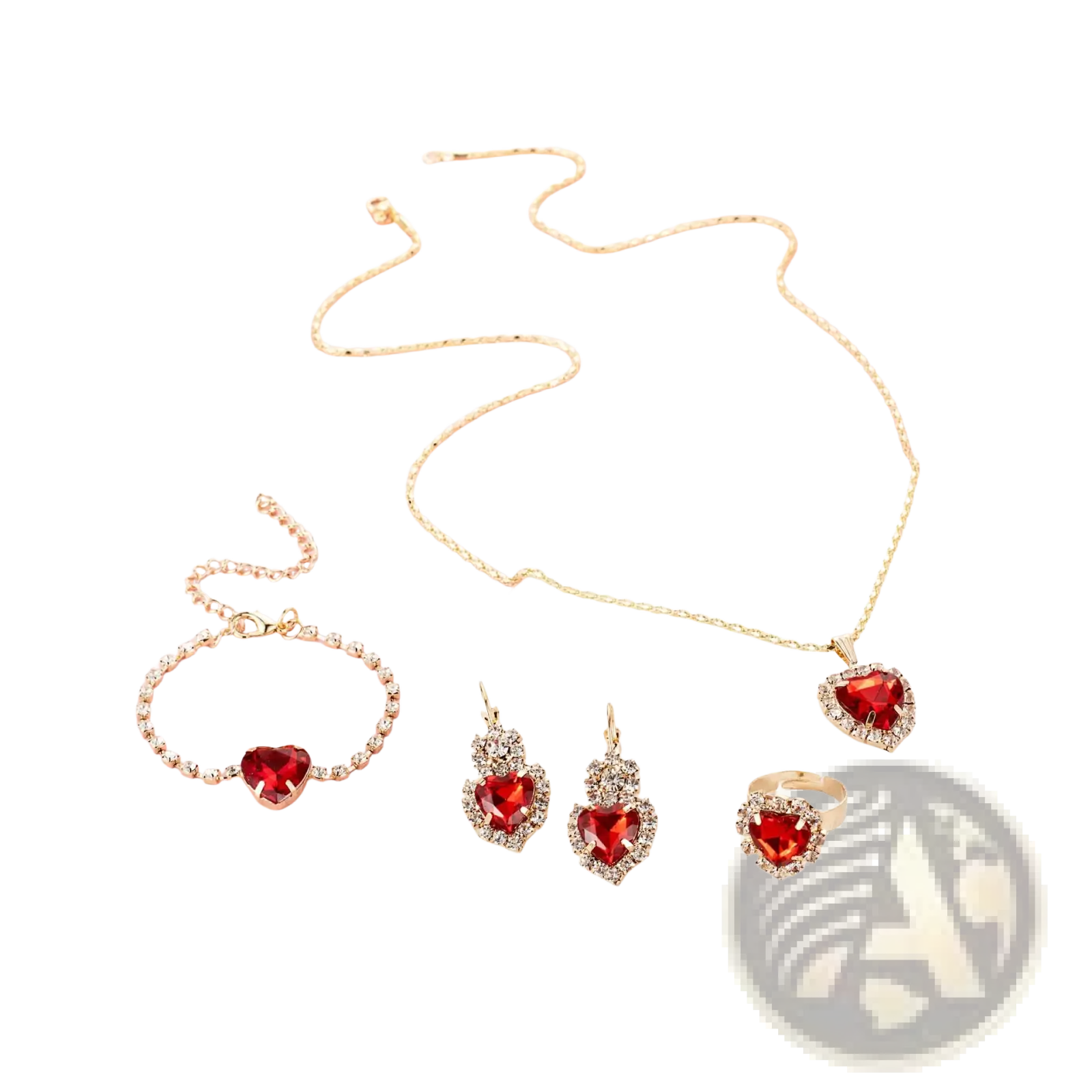 Gold-toned 4 piece heart rhinestone jewelry set with vibrant red gemstones and matching sparkling crystals
