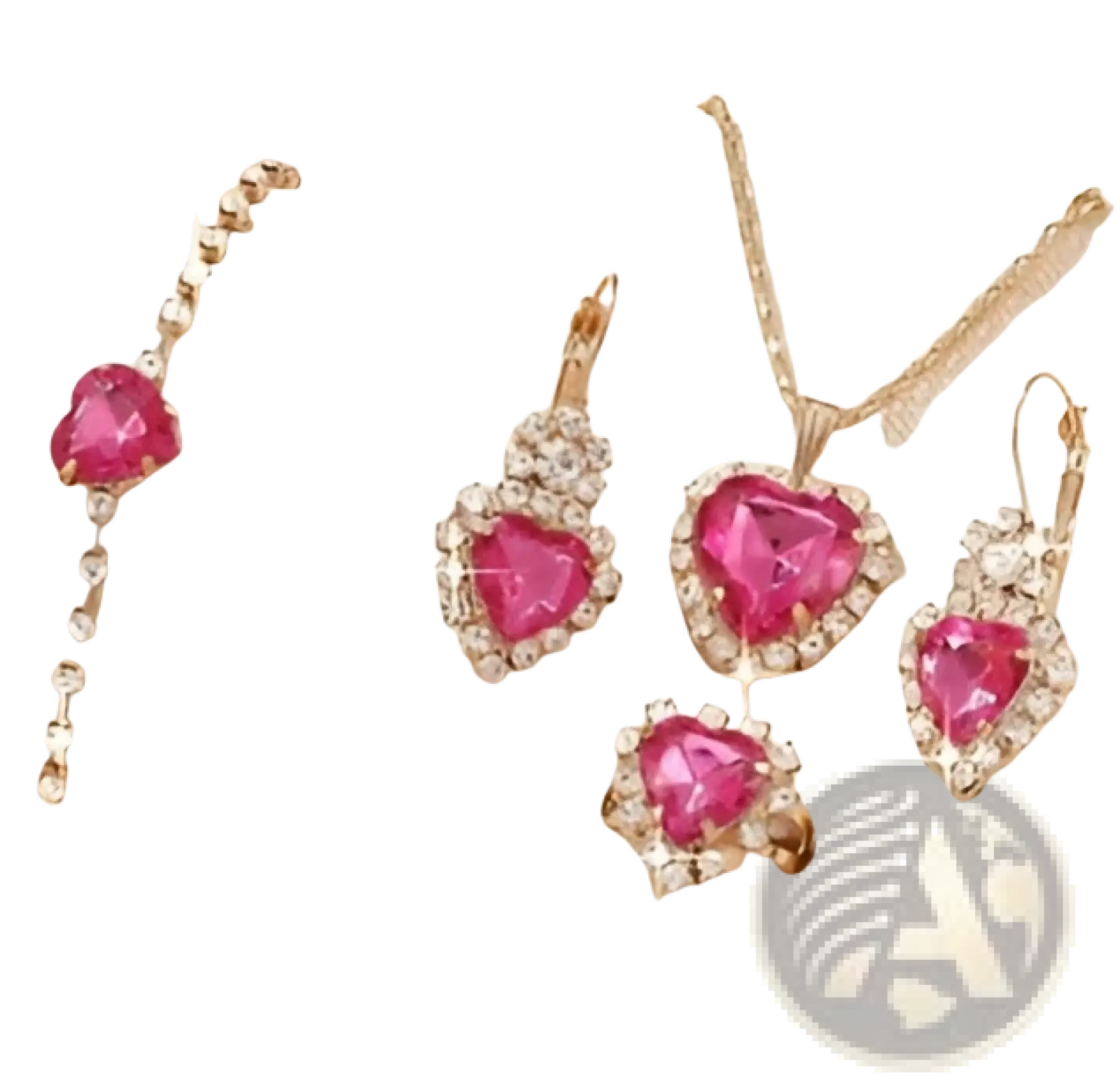4 piece heart rhinestone jewelry set with pink heart-shaped gemstones gold-tone metal and sparkling diamond accents