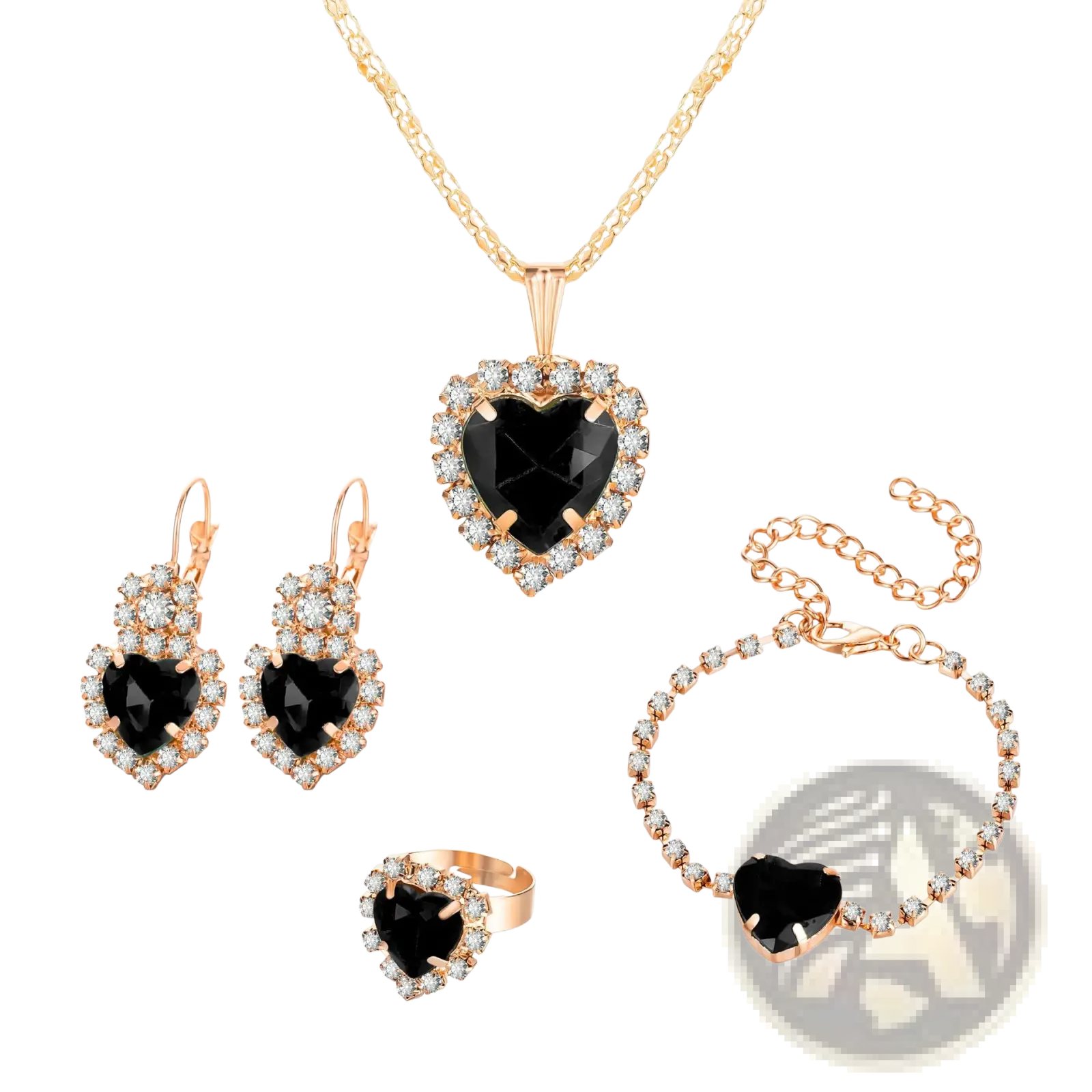 4 piece rose gold heart rhinestone jewelry set with black gemstones and matching crystals for elegant occasions