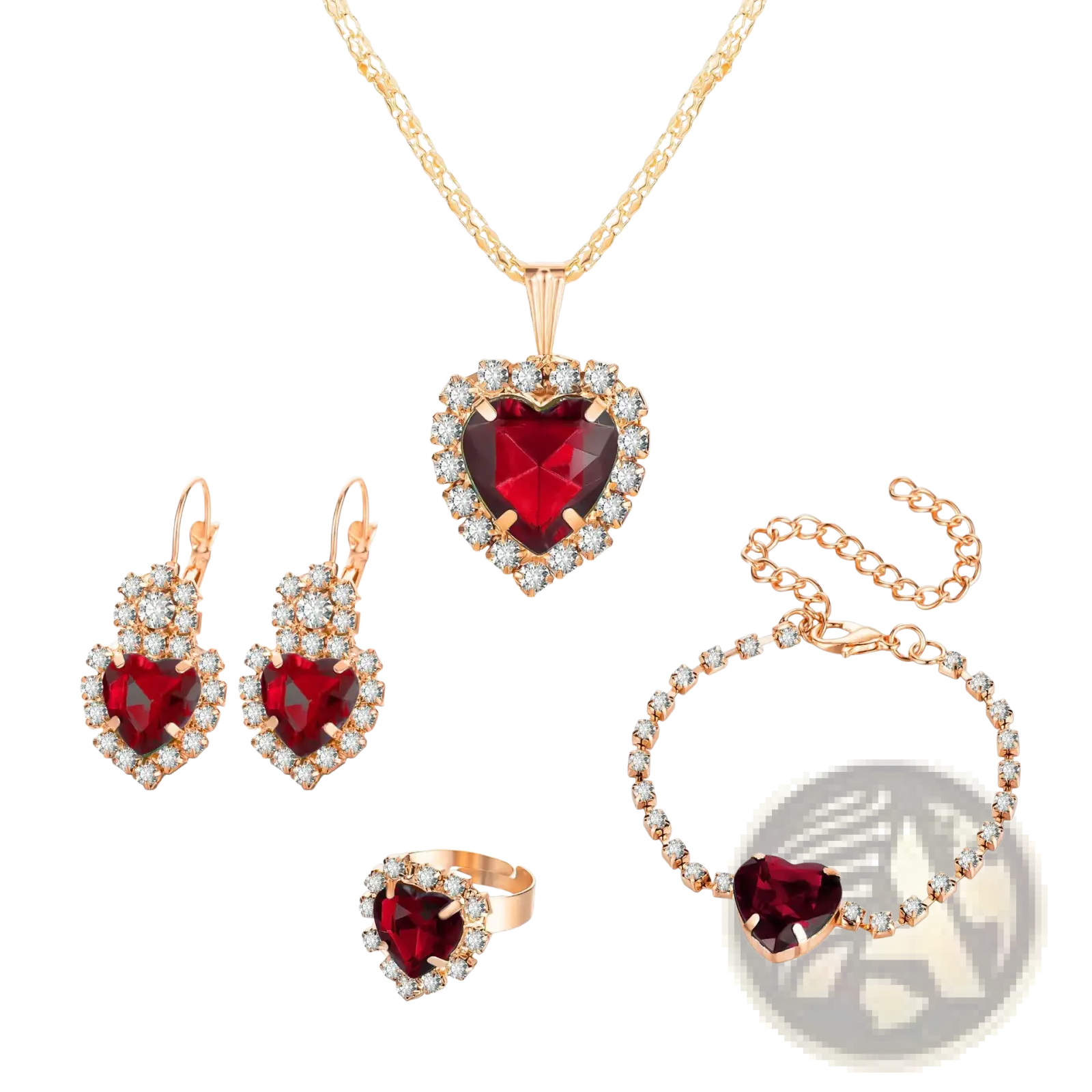 4 piece heart rhinestone jewelry set in rose gold with a central red cut gemstone surrounded by clear crystals