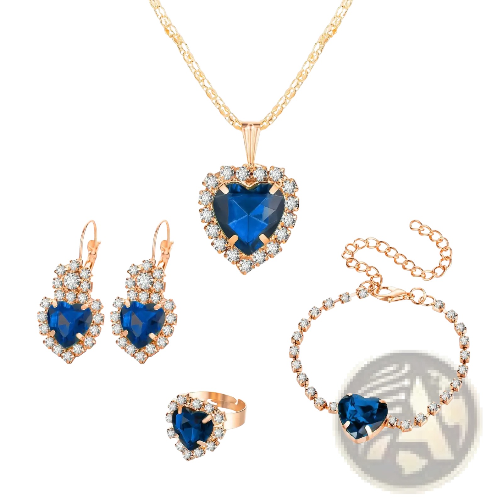 Rose gold heart rhinestone jewelry set with deep blue gemstones and clear crystals in a 4 piece matching design