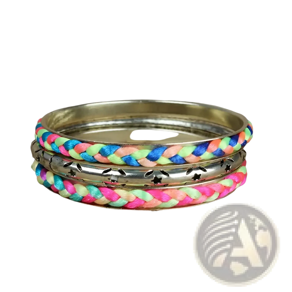 A stack of three colorful neon braided bangles with metallic finishes from the 4 piece set with gold star accents