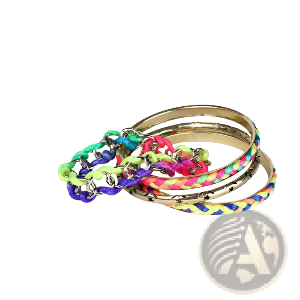 A set of four neon braided bangles in vibrant colors with gold star-patterned bands and metallic chain accents