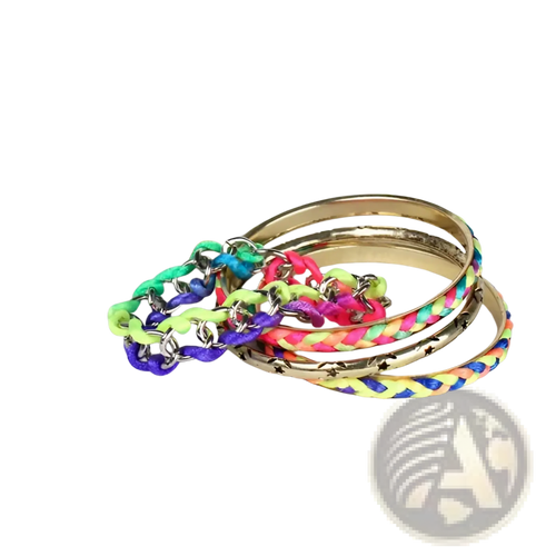 A set of four neon braided bangles in vibrant colors with gold star-patterned bands and metallic chain accents