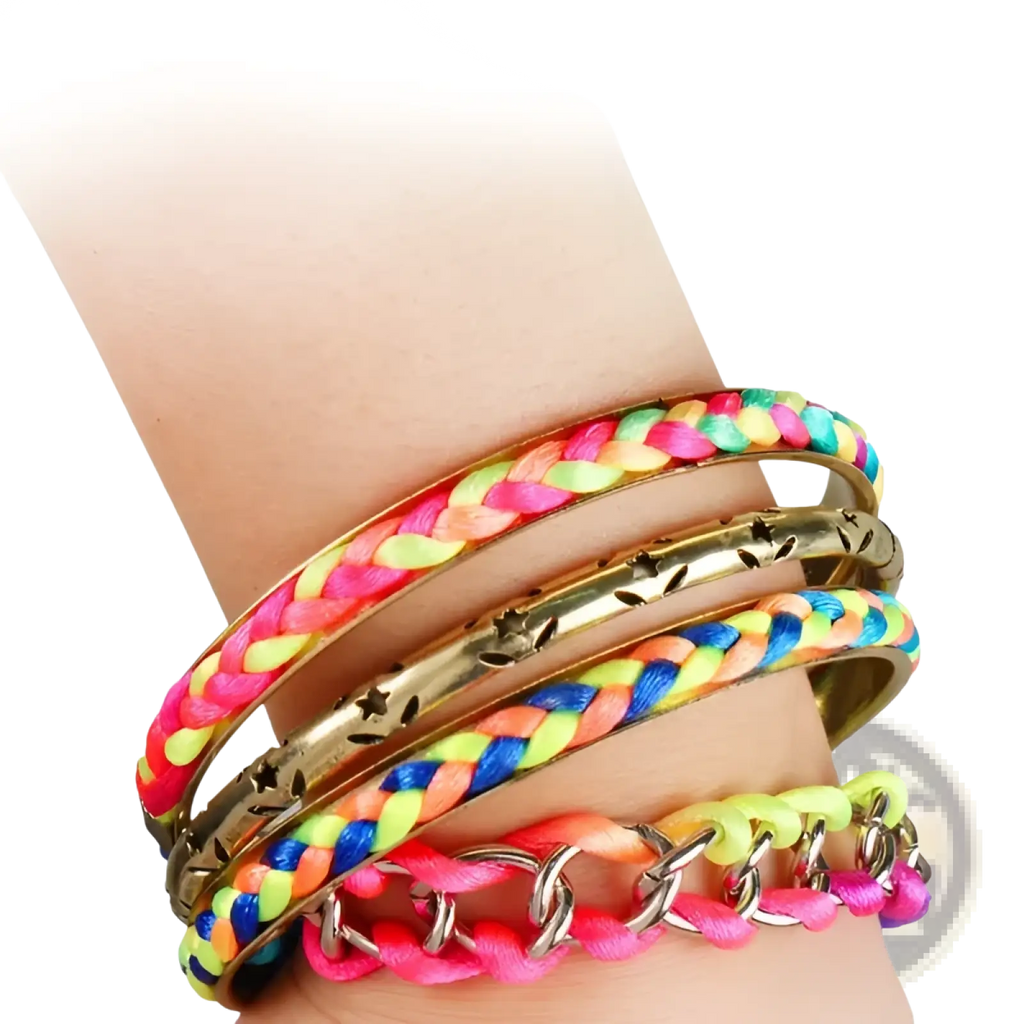 A vibrant neon braided bracelet with pink yellow and blue threads wrapped around a gold-toned bangle with star cutouts