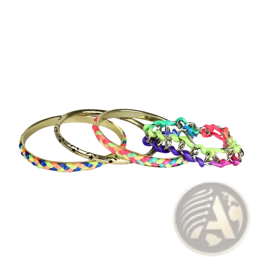 Set of four colorful neon braided bangles with gold star accents in vibrant rainbow hues and metallic gold tones