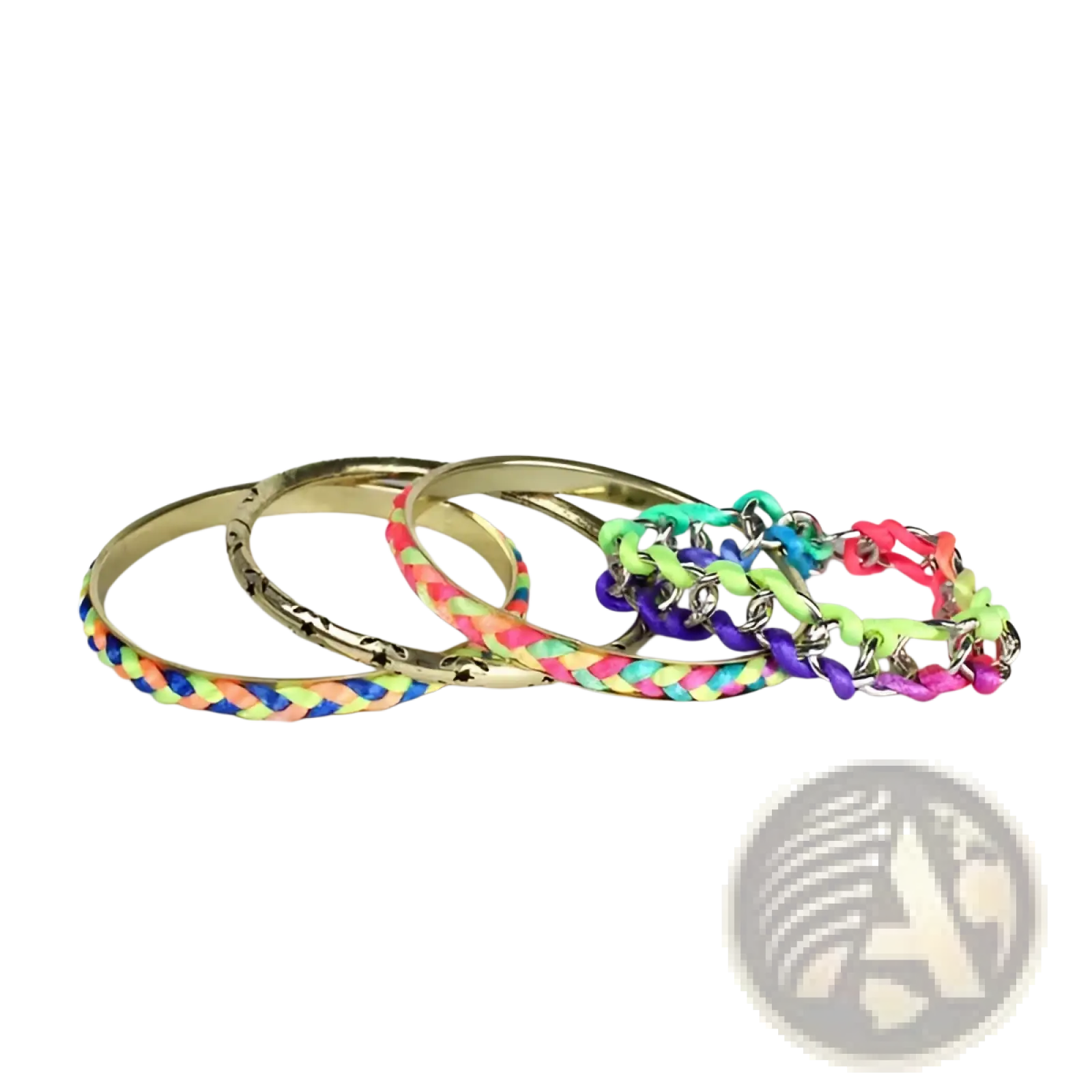 Set of four colorful neon braided bangles with gold star accents in vibrant rainbow hues and metallic gold tones