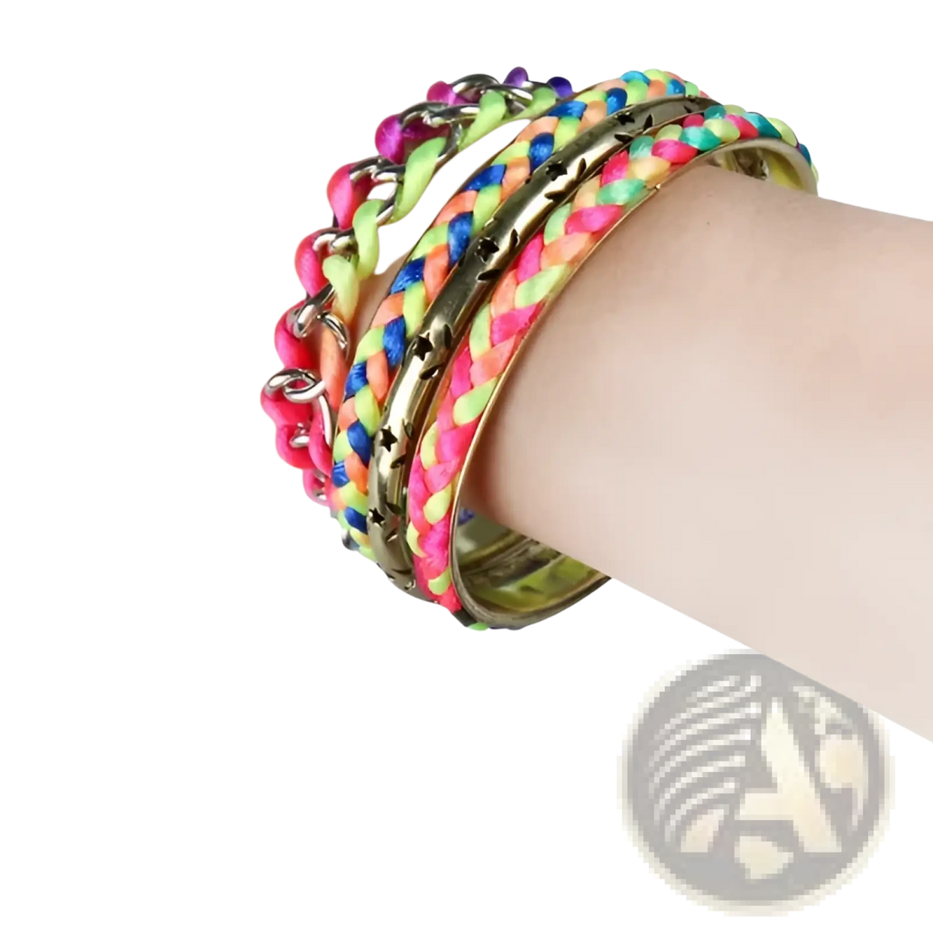 4 piece neon braided bangle set with pink yellow and blue threads and gold star accented metal cuffs