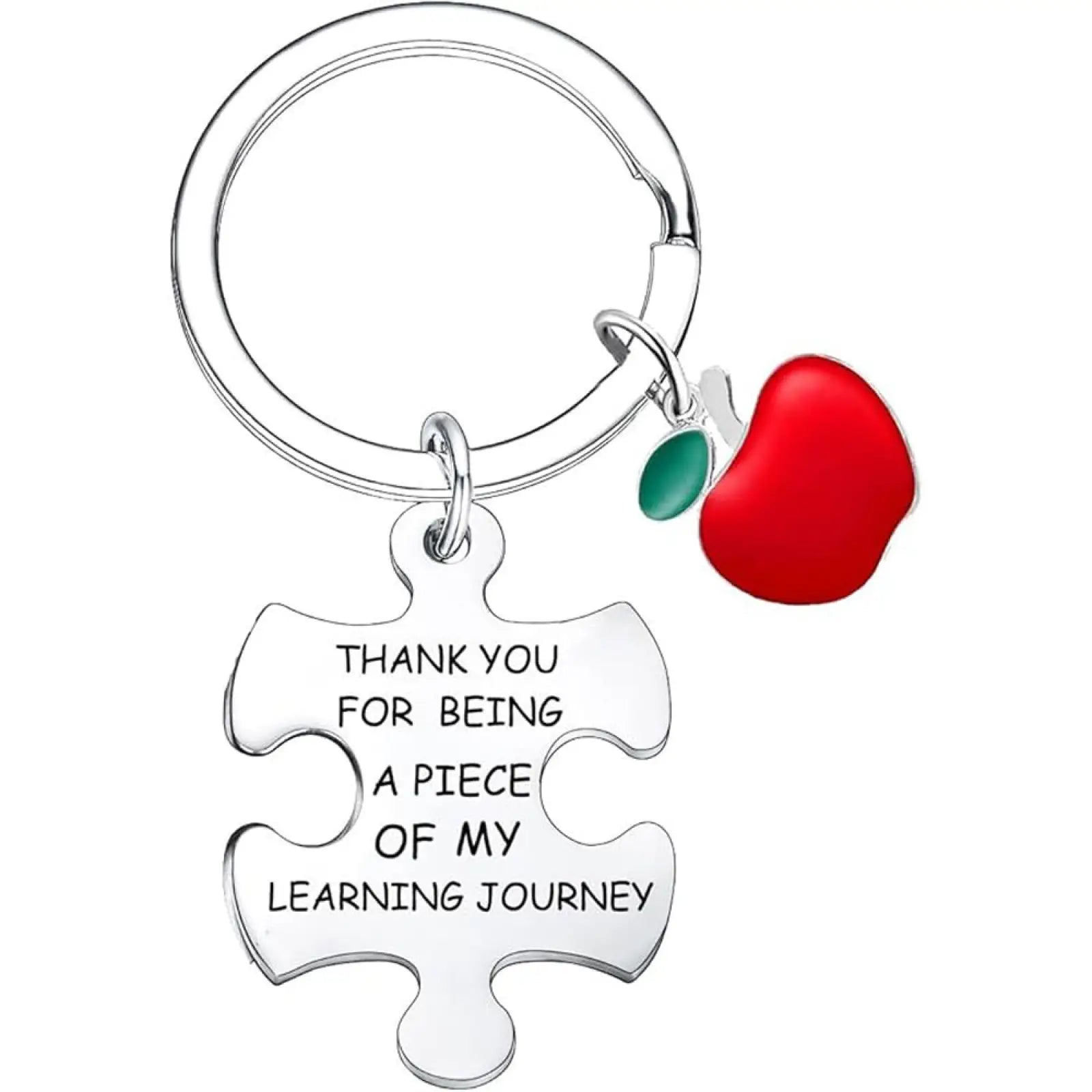 Silver stainless steel puzzle piece keychain with engraved message and red apple charm in teacher appreciation set