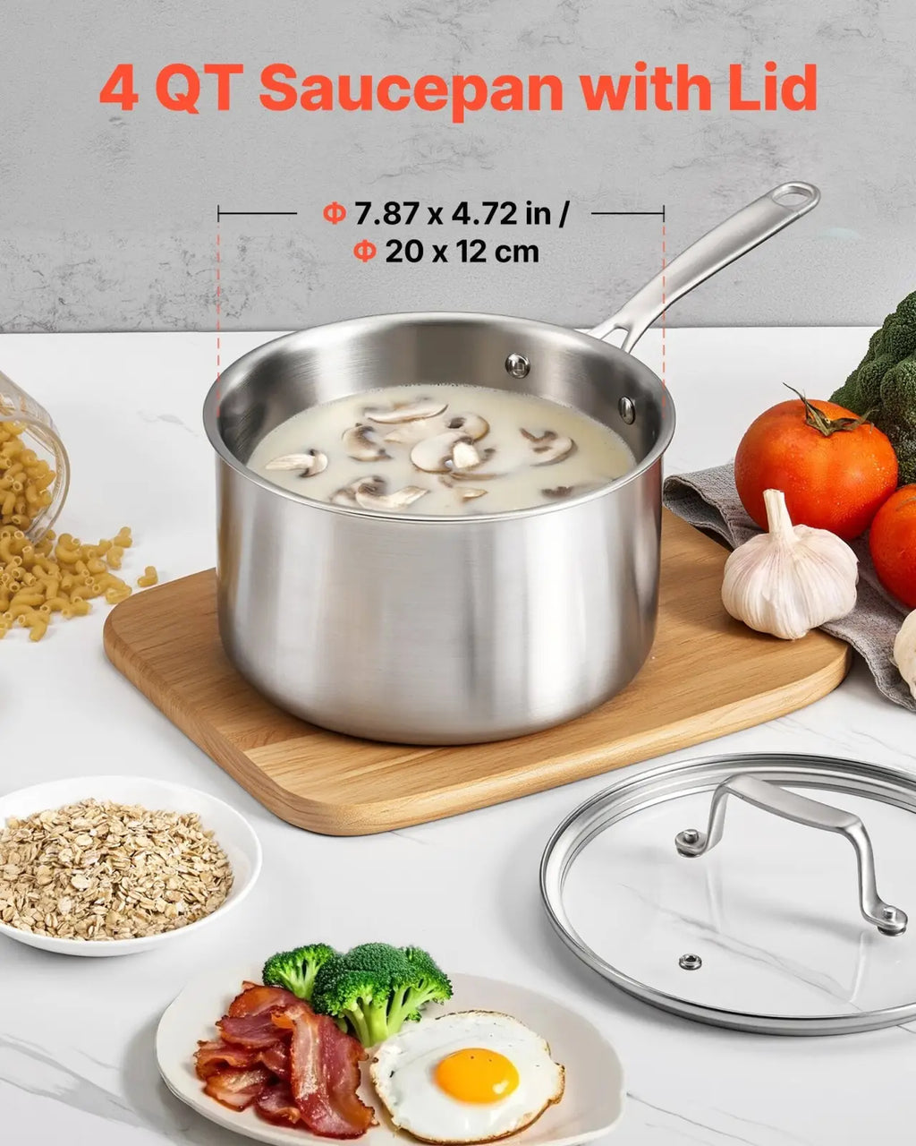 4 qt stainless steel saucepan with glass lid, featuring a sleek metallic finish and ergonomic handle