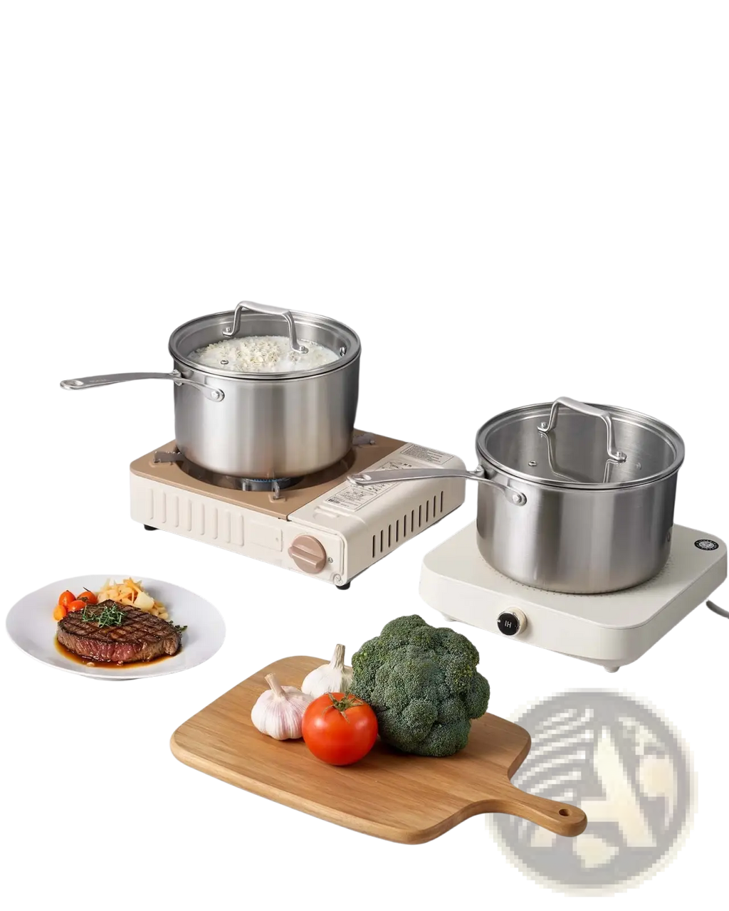 Cream-colored portable electric cooktop with 4 qt stainless steel saucepan with glass lid resting on it