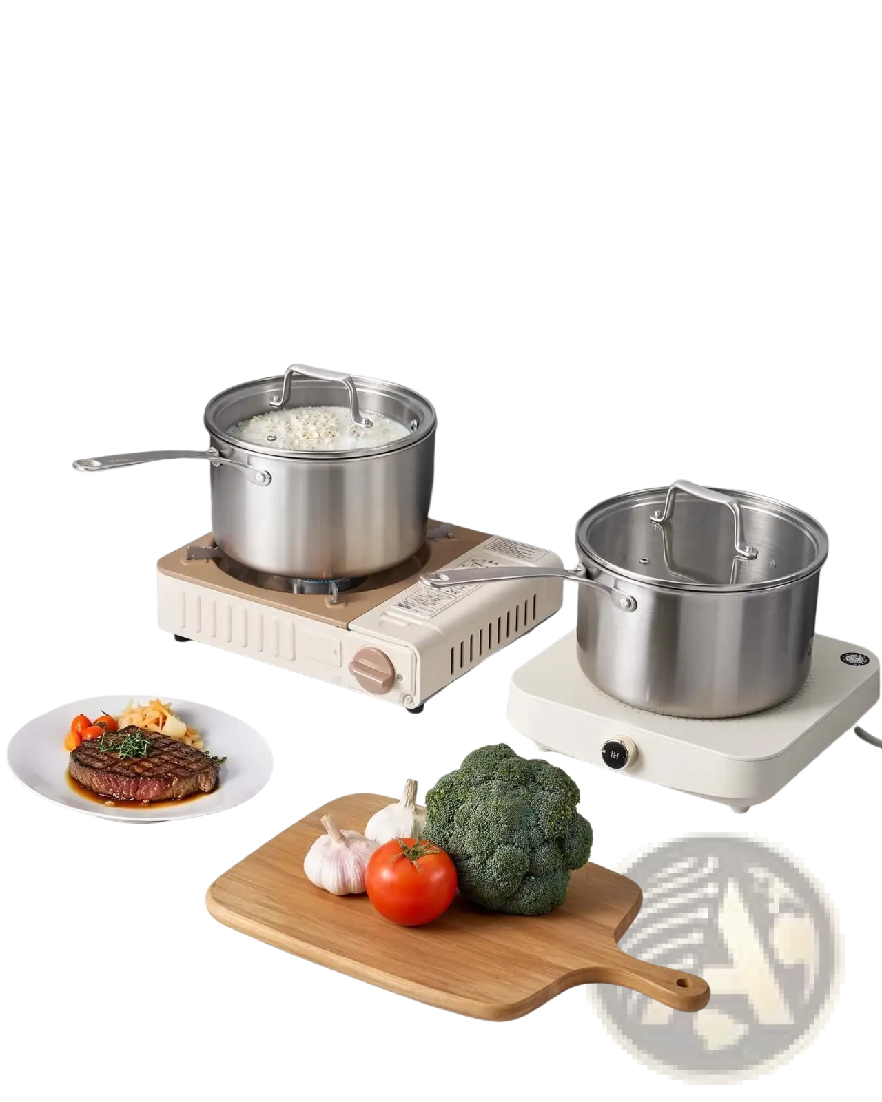 Cream-colored portable electric cooktop with 4 qt stainless steel saucepan with glass lid resting on it