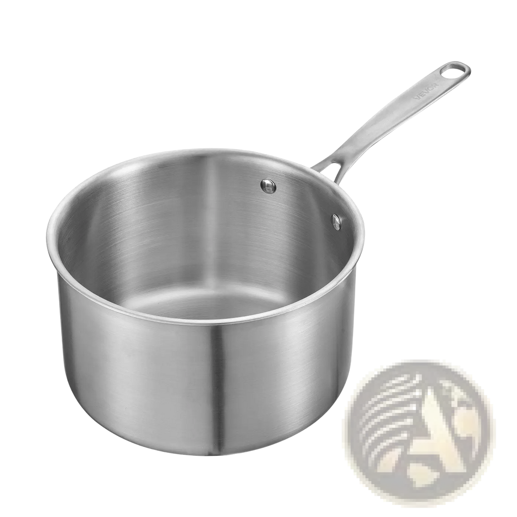 Silver stainless steel 4 qt saucepan with a sleek brushed finish and a sturdy handle with glass lid