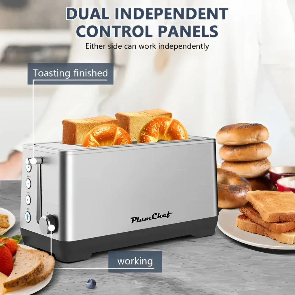 Silver stainless steel dual-slot toaster with black base and control panels branded plumchef for four-slice use
