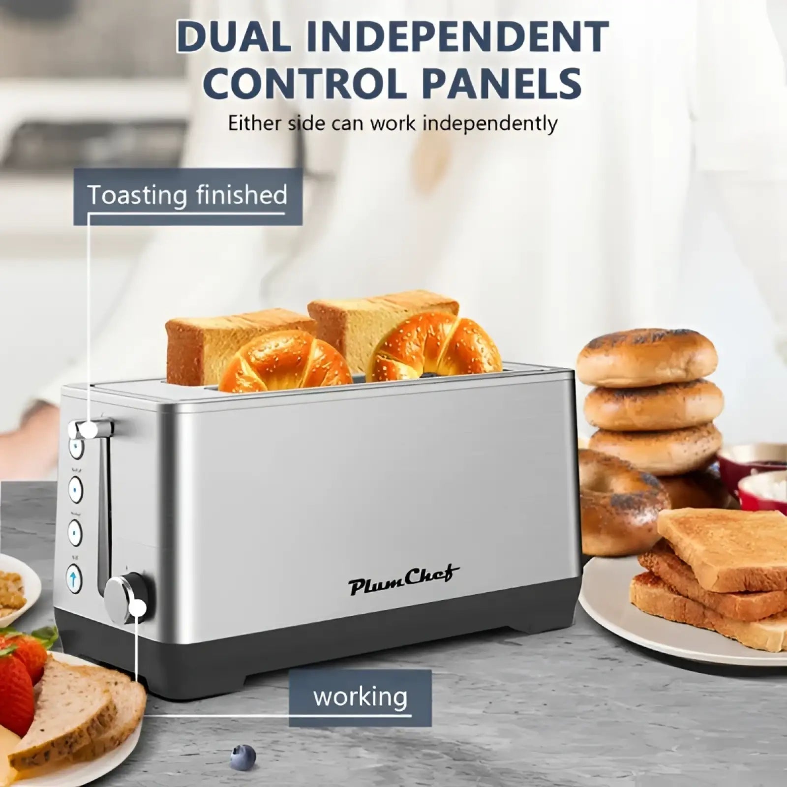 Silver stainless steel dual-slot toaster with black base and control panels branded plumchef for four-slice use