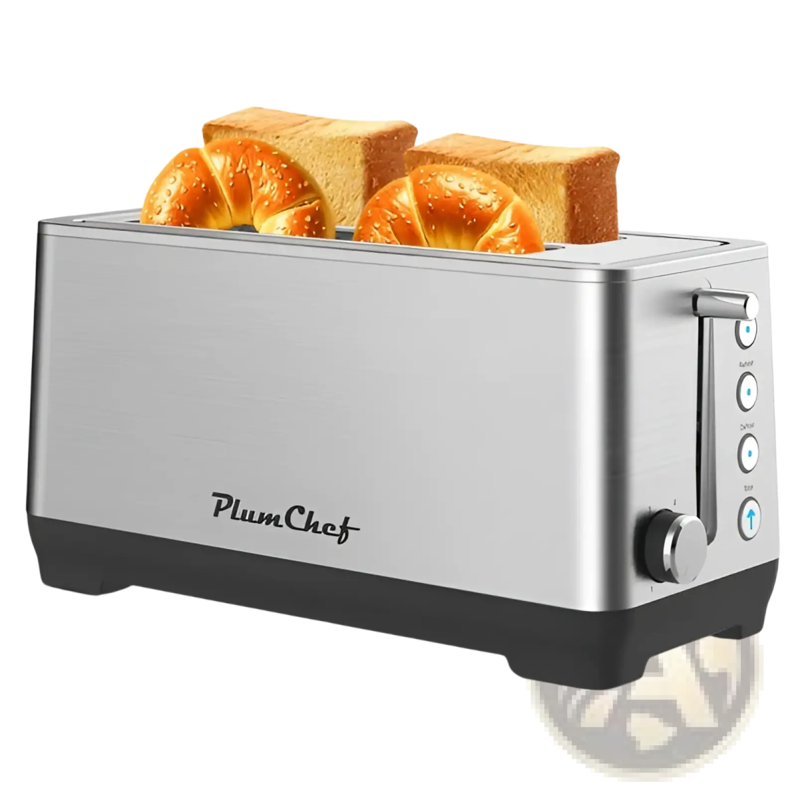 Silver stainless steel four-slice wide slot toaster with black base and control panel branded plumchef