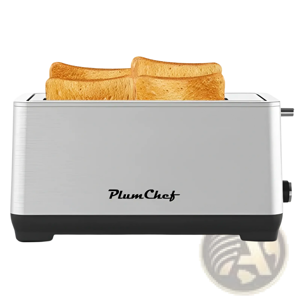 Silver and black plumchef stainless steel 4-slice toaster with wide slots holding two golden-brown toast slices