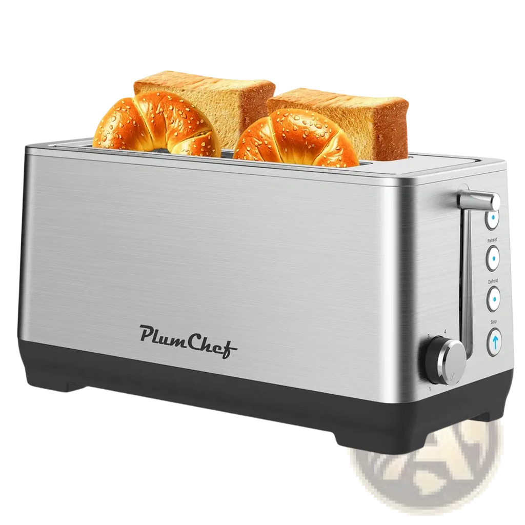 Stainless steel and black plastic plumchef four-slice toaster with wide slots and brushed metallic finish