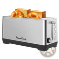 Stainless steel and black plastic plumchef four-slice toaster with wide slots and brushed metallic finish
