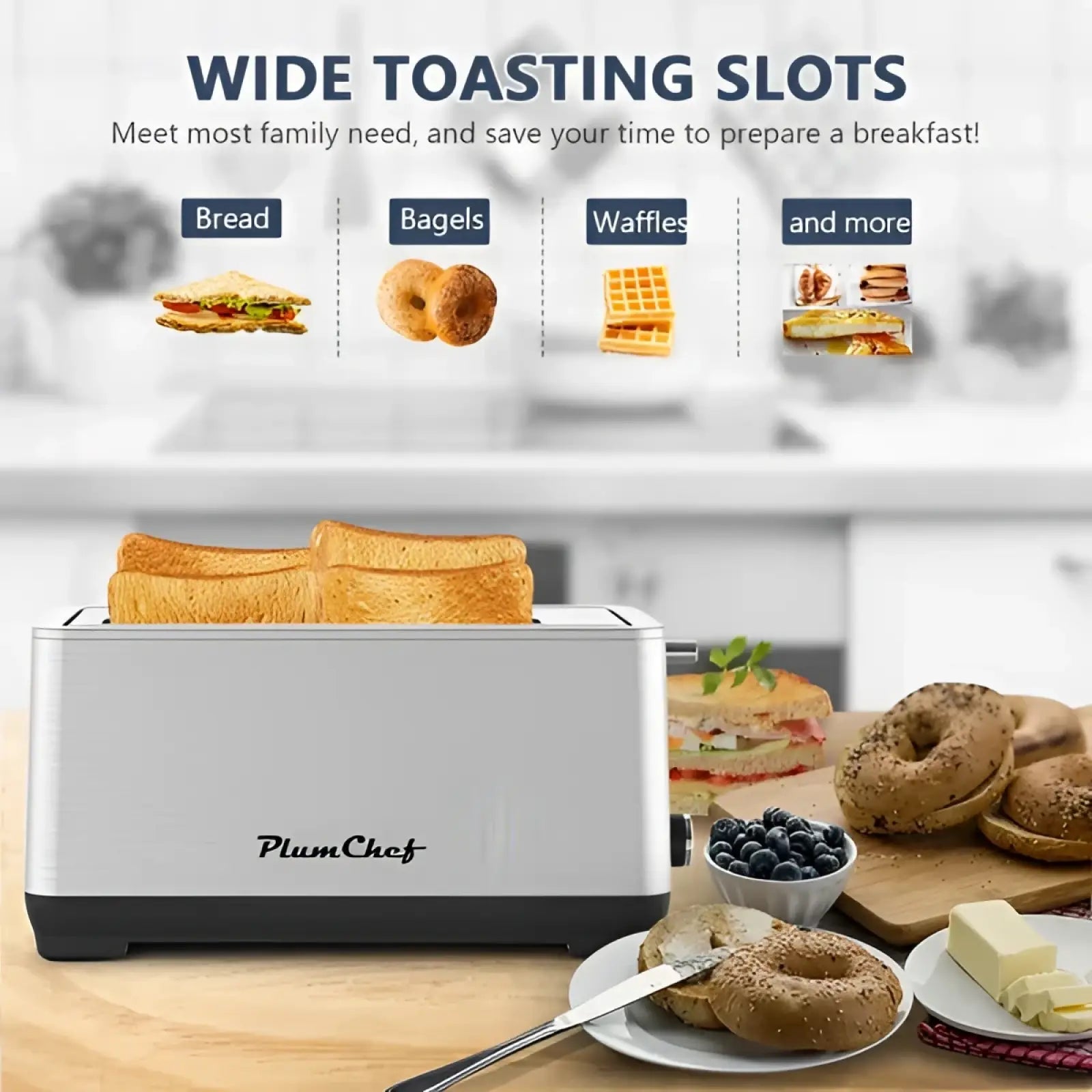 Silver and black plumchef stainless steel four slice toaster with wide toasting slots for versatile bread use