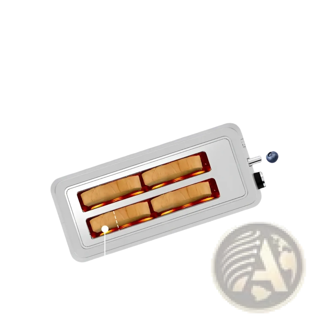 Silver plumchef stainless steel two-slice toaster with sleek modern design and red heating elements visible inside slots