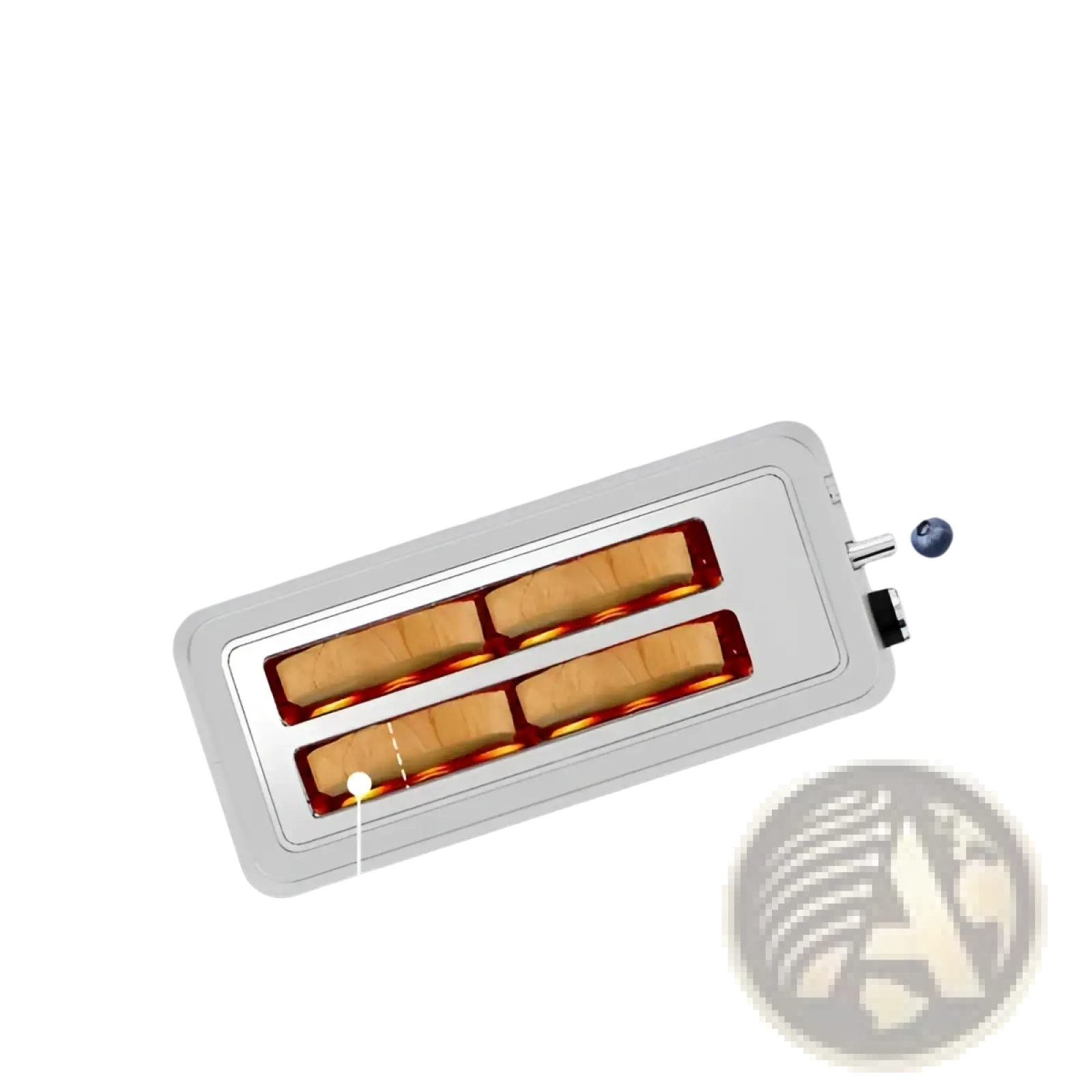 Silver plumchef stainless steel two-slice toaster with sleek modern design and red heating elements visible inside slots