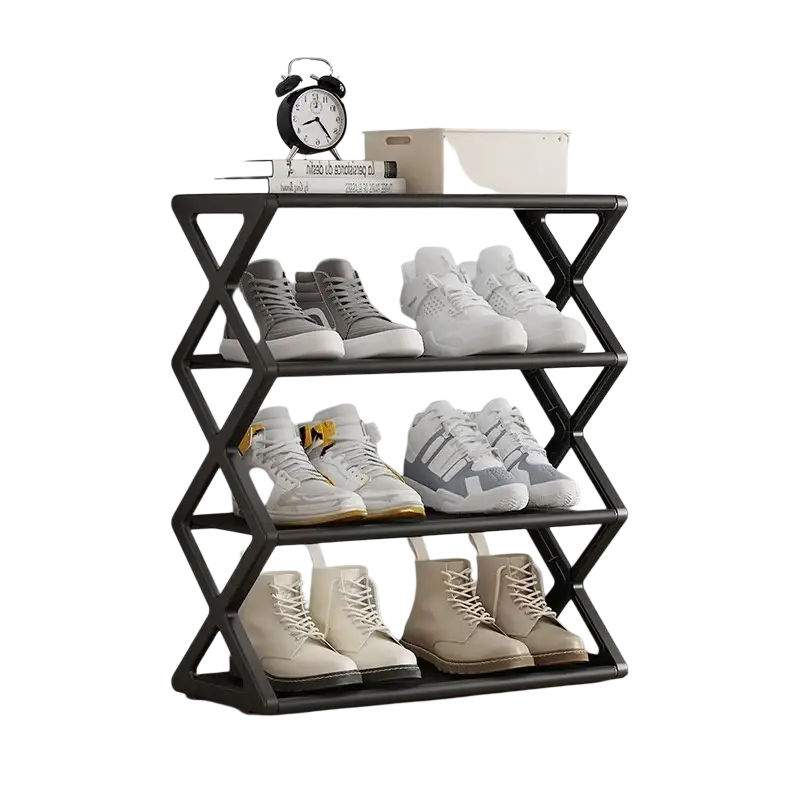 Black metal 4 tier folding shoe rack with geometric x shaped frame design for space saving tier shoe organizer