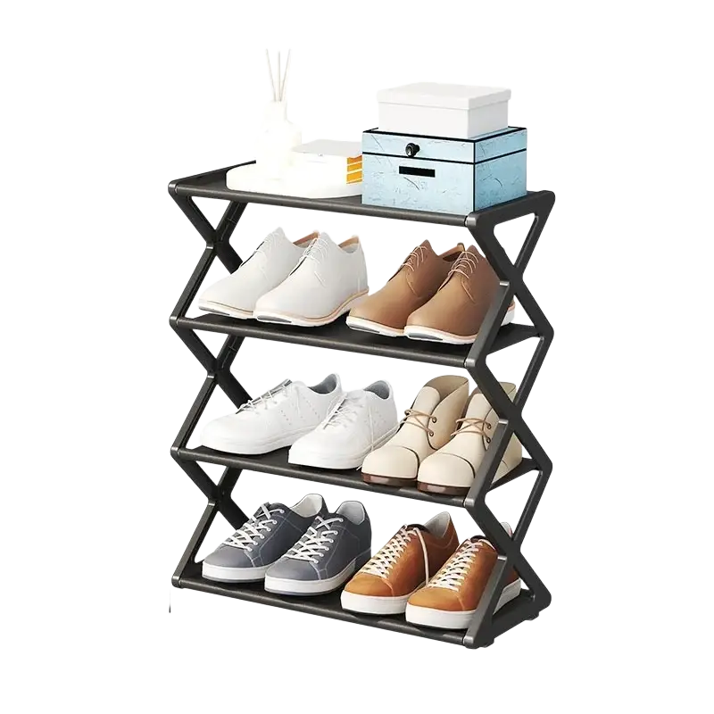 Black metal folding shoe rack with four tiers and space saving design for organized tier shoe storage and easy folding