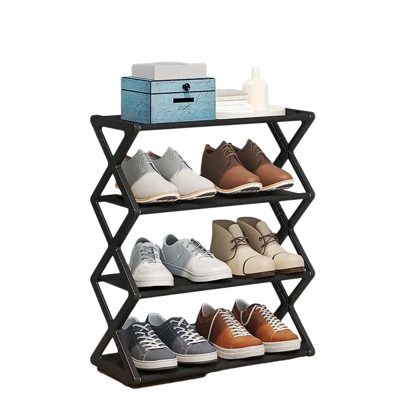 Black metal 4 tier foldable shoe rack with zigzag design offering space saving tier shoe organizer for multiple pairs