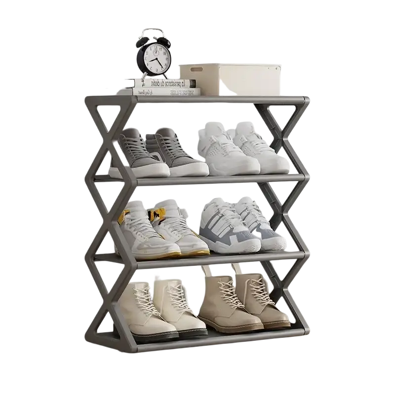 Gray metal 4 tier foldable shoe rack with collapsible x shaped frame design space saving tier shoe organizer
