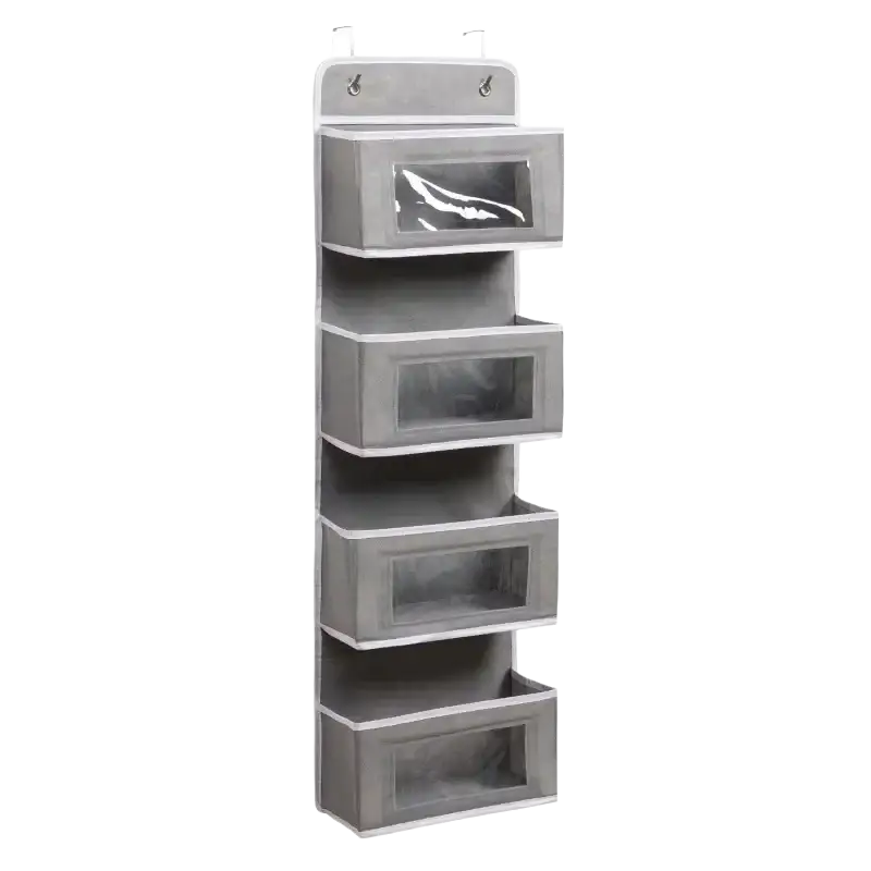 Gray fabric 4-tier over door hanging storage organizer with five clear-windowed compartments for easy viewing