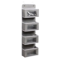 Gray fabric 4-tier over door hanging storage organizer with five clear-windowed compartments for easy viewing