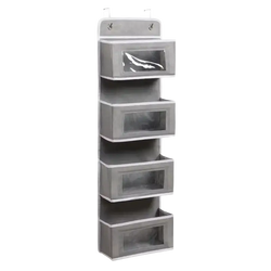 Gray fabric 4-tier over door hanging storage organizer with five clear-windowed compartments for easy viewing