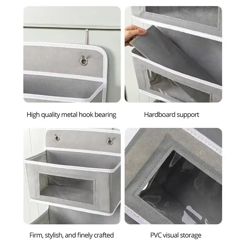 Gray fabric 4-tier over door hanging storage organizer with clear pvc windows and white trim for easy visibility