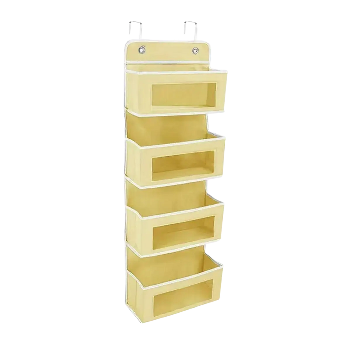 Beige fabric over-door organizer with five rectangular compartments and white trim for hanging storage and organization