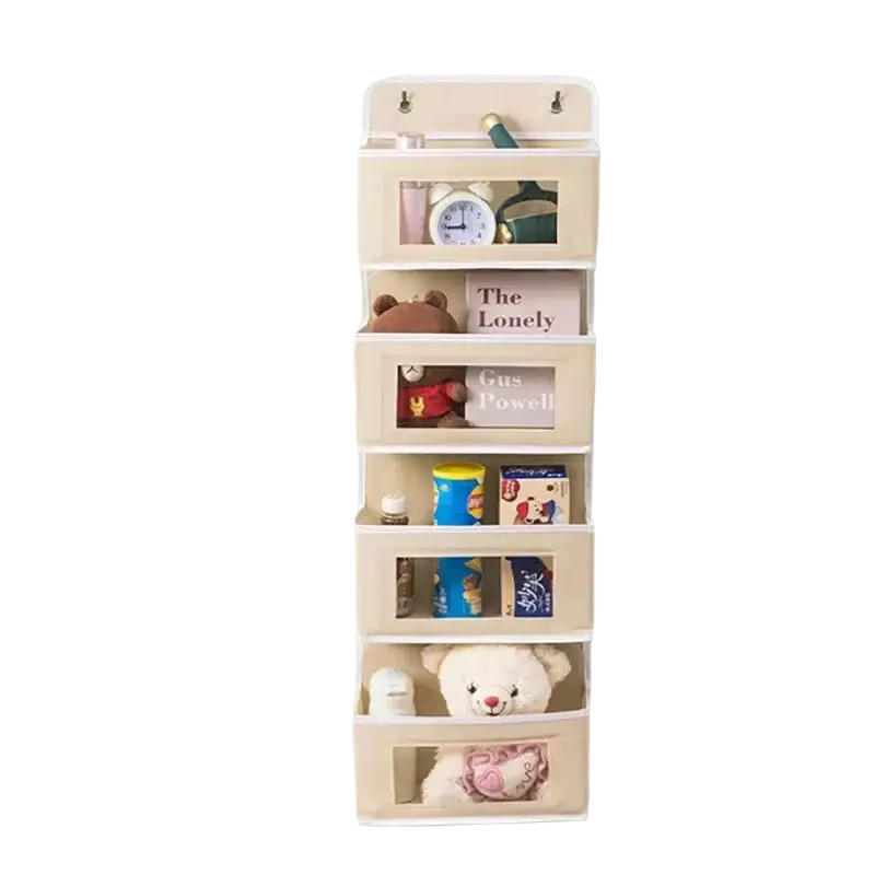 Beige fabric over door hanging organizer with six clear front pockets and four tiers for versatile storage