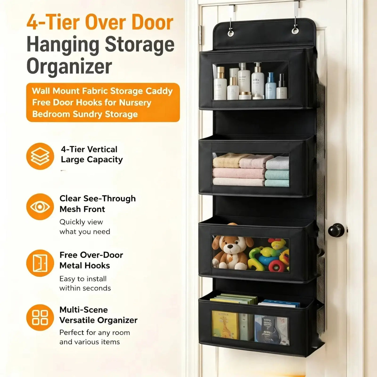 Black four-tier over door hanging storage organizer with gray fabric caddy clear mesh fronts and metal hooks