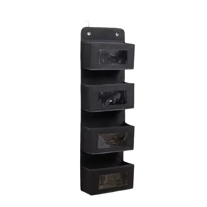 Black fabric hanging storage organizer with four clear front compartments for over door use and gray fabric caddy design