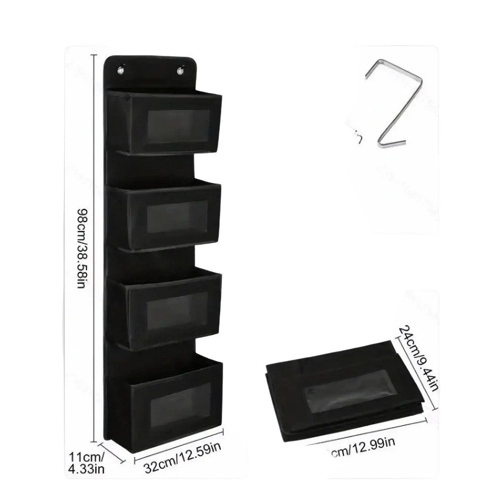 Black fabric 4-tier over door hanging storage organizer with four vertical compartments and transparent windows