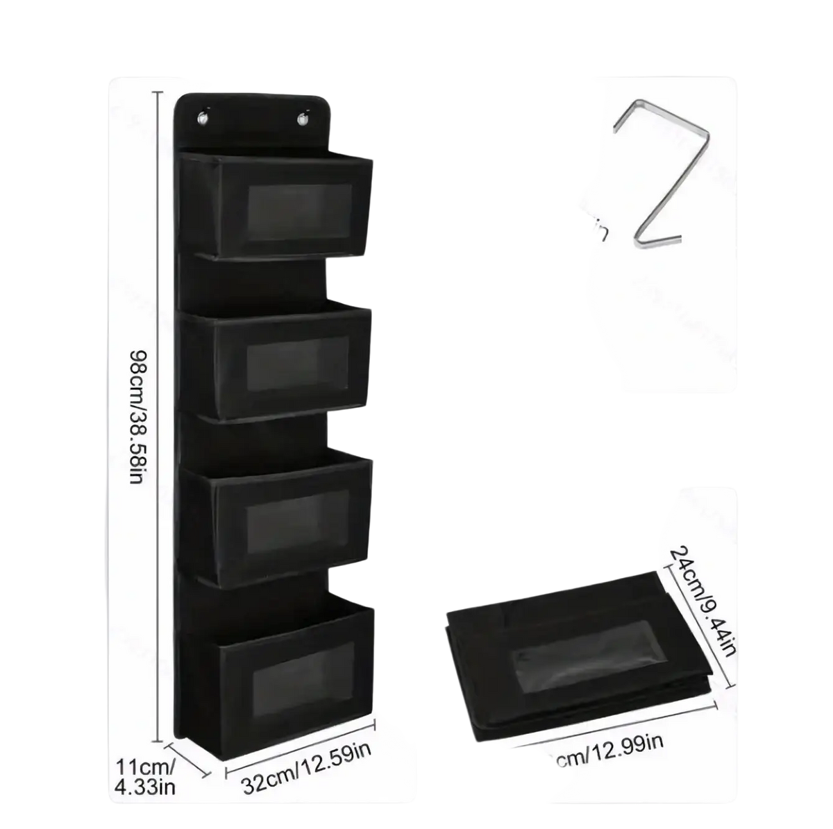Black fabric 4-tier over door hanging storage organizer with four vertical compartments and transparent windows