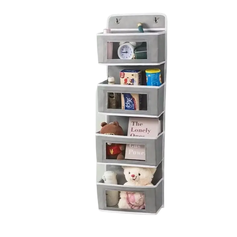 Gray fabric over door hanging storage organizer with five clear-fronted compartments for easy visibility